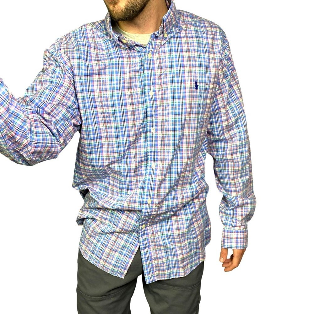 vintage Ralph Lauren blue label 80s button down shirt plaid pastel mens XL